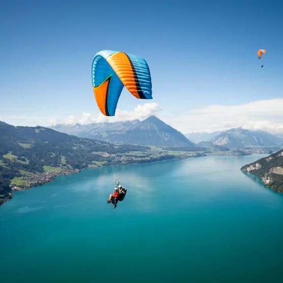 Paragliding über dem Thunersee in Interlaken im Sommer mit dem Niesen im Hintergrund