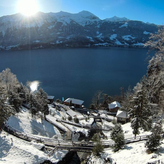 Aussicht von den St. Beatus-Höhlen auf den Thunersee, die Berge dahinter und die verschneite Umgebung an einem sonnigen Wintertag