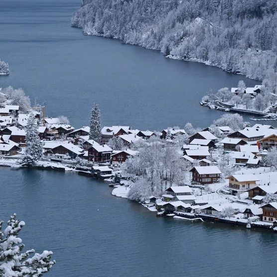 Verschneites Dorf Iseltwald umgeben vom magisch wirkenden Brienzersee