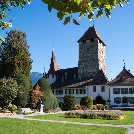 Schloss Spiez mit Schlossgarten im Sommer