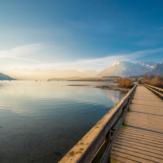 Atemberaubender Sonnenaufgang über dem Thunersee an einem Wintermorgen – ein Spazierweg führt über einen Holzsteg