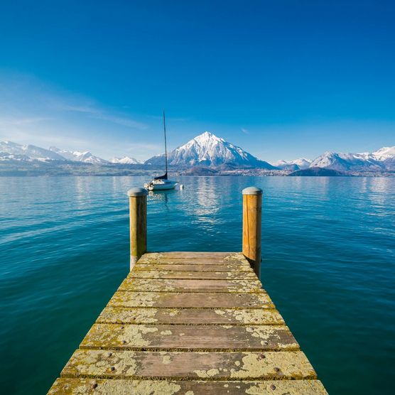 Rustikaler Holzsteg in Oberhofen bietet Panoramablick über Thunersee und den verschneiten Niesen