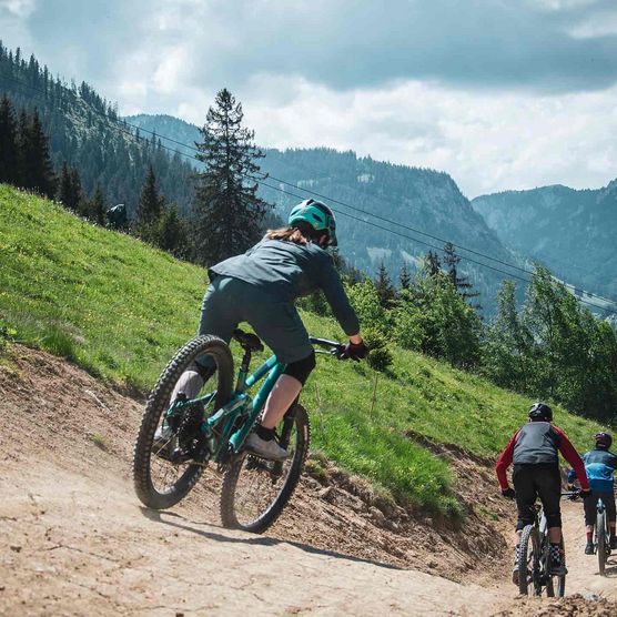 Downhill Biker auf der Abfahrt im sommer