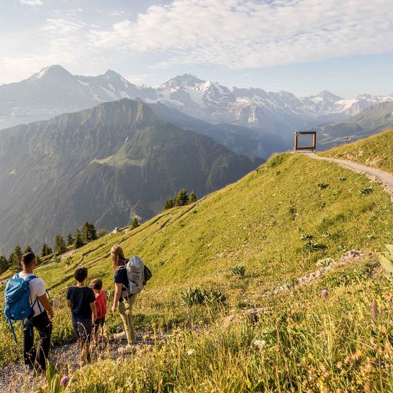 Familie auf dem Wanderweg Richtung Aussichtspunkt auf der Schynigen Platte