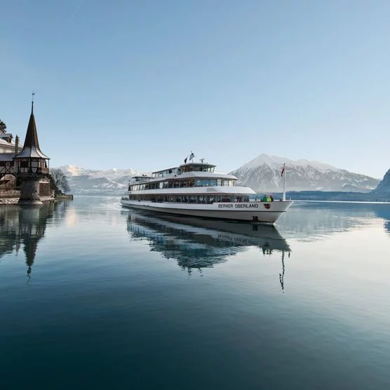 Schiff fährt im Winter neben dem Schloss Oberhofen über den spiegelglatten Thunersee