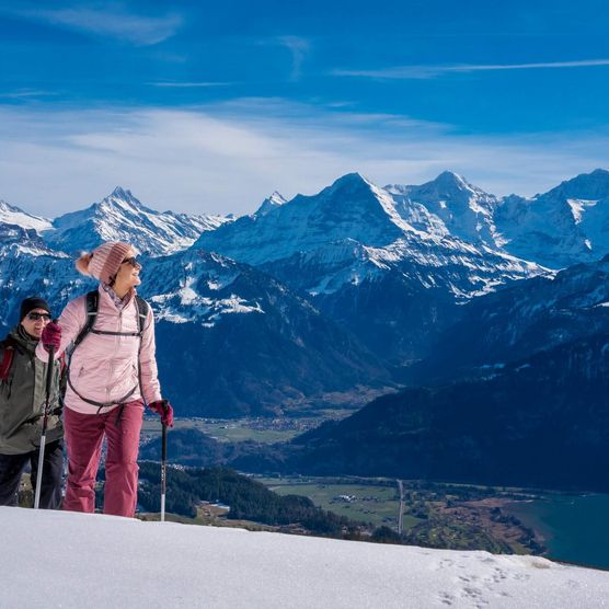 Winterwanderung am Niederhorn, im Hintergrund Bergwelt des Berner Oberlandes