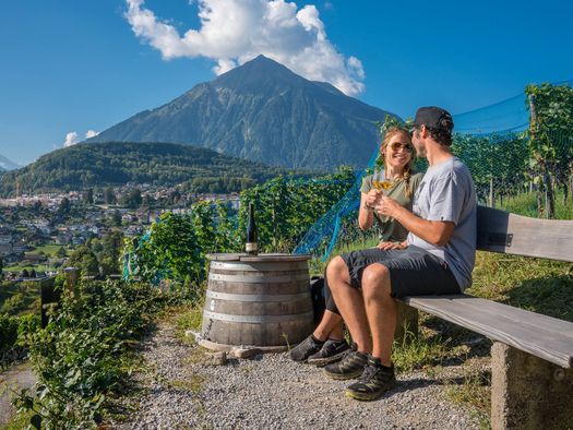 Verliebtes Paar geniesst auf einer Sitzbank inmitten der Weinreben einen feinen Tropfen Spiezer Wein.