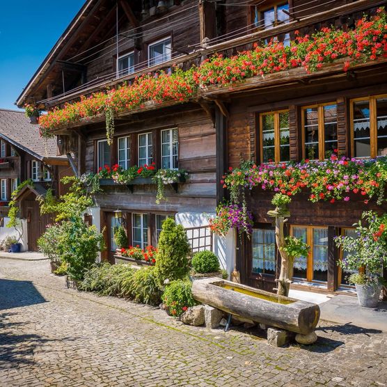 Ein mit Blumen geschmücktes Chalet und davor ein handgeschnitzer Brunnen