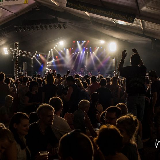 Zuschauer vor beleuchteter Bühne am Brienzersee Rockfestival