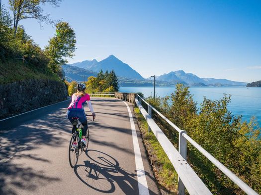 Eine Frau unterwegs am Thunersee mit dem Rennrad auf grauem Asphalt