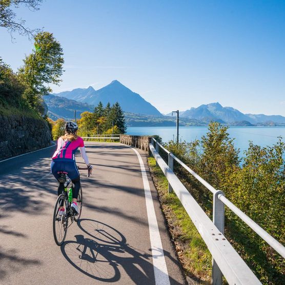 Eine Frau unterwegs am Thunersee mit dem Rennrad auf grauem Asphalt