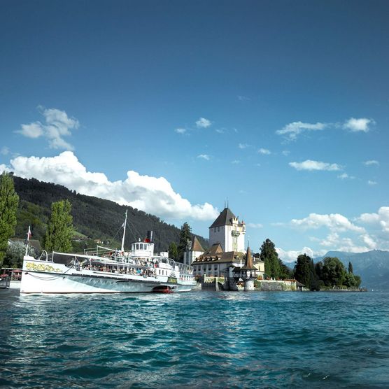 Bei einer Schifffahrt auf dem Thunersee passiert der Gast die Thunersee Schlösser. 