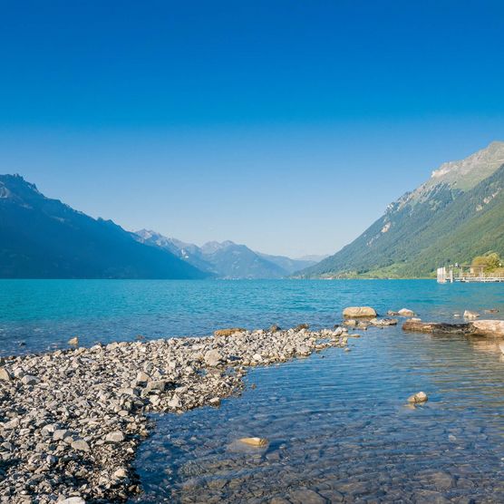 Blick über das kristallklare Wasser des Brienzersees von einem Kiesstrand in Brienz aus. Seitlich verlaufen steile Bergflanken.