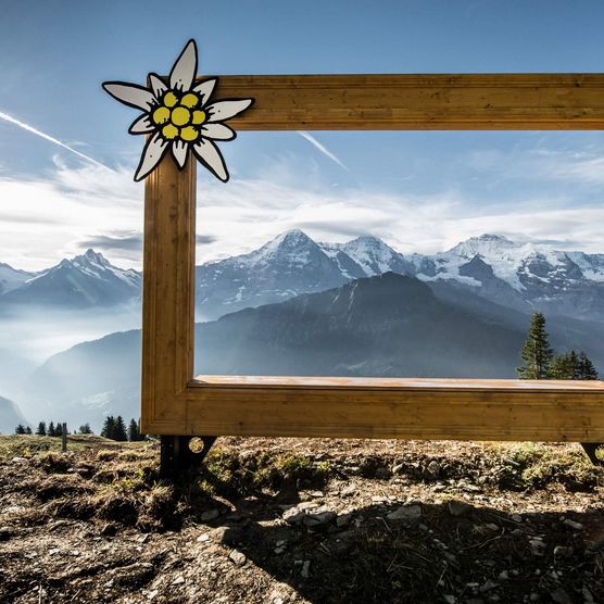 Bilderrahmen aus Holz mit Blick auf die umliegendn Berge