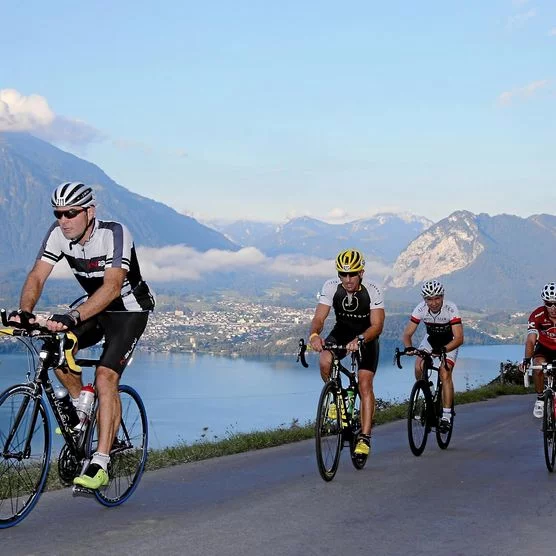 Rennvelofahrer unterwegs mit Blick auf den blauen Thunersee